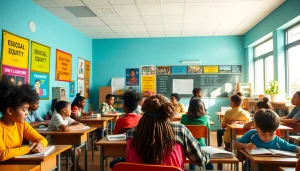 Education innovation classroom with diverse learners collaborating in a bright, inspiring environment.