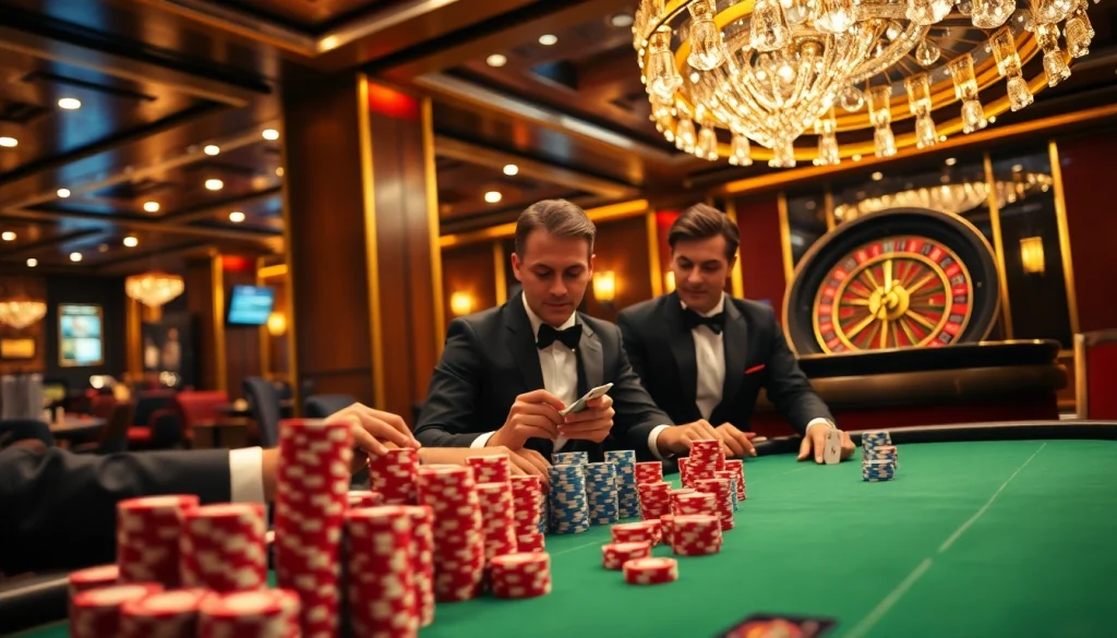 F8bet players engage in high-stakes poker surrounded by chips and a roulette wheel.