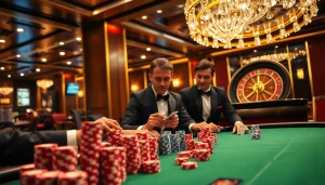 F8bet players engage in high-stakes poker surrounded by chips and a roulette wheel.