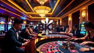 Experience excitement at BK8 casino with vibrant tables and slot machines lighting up the floor.