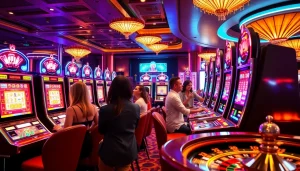 Para pemain menikmati kemenangan mereka di mesin slot deposit pulsa tanpa potongan dalam suasana kasino yang hidup.