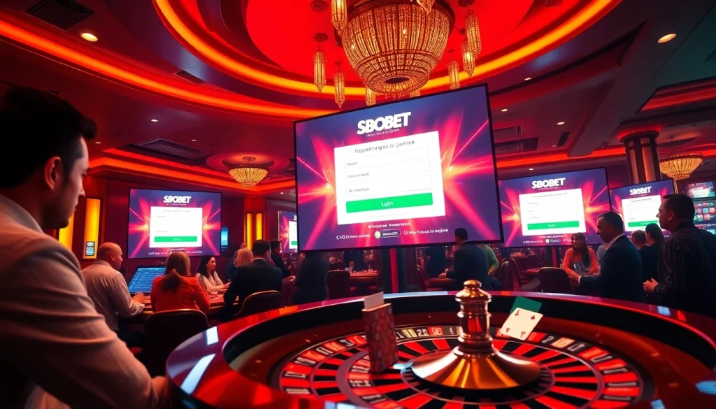 Engaging SBOBET login interface amidst vibrant casino action with roulette and betting slips.