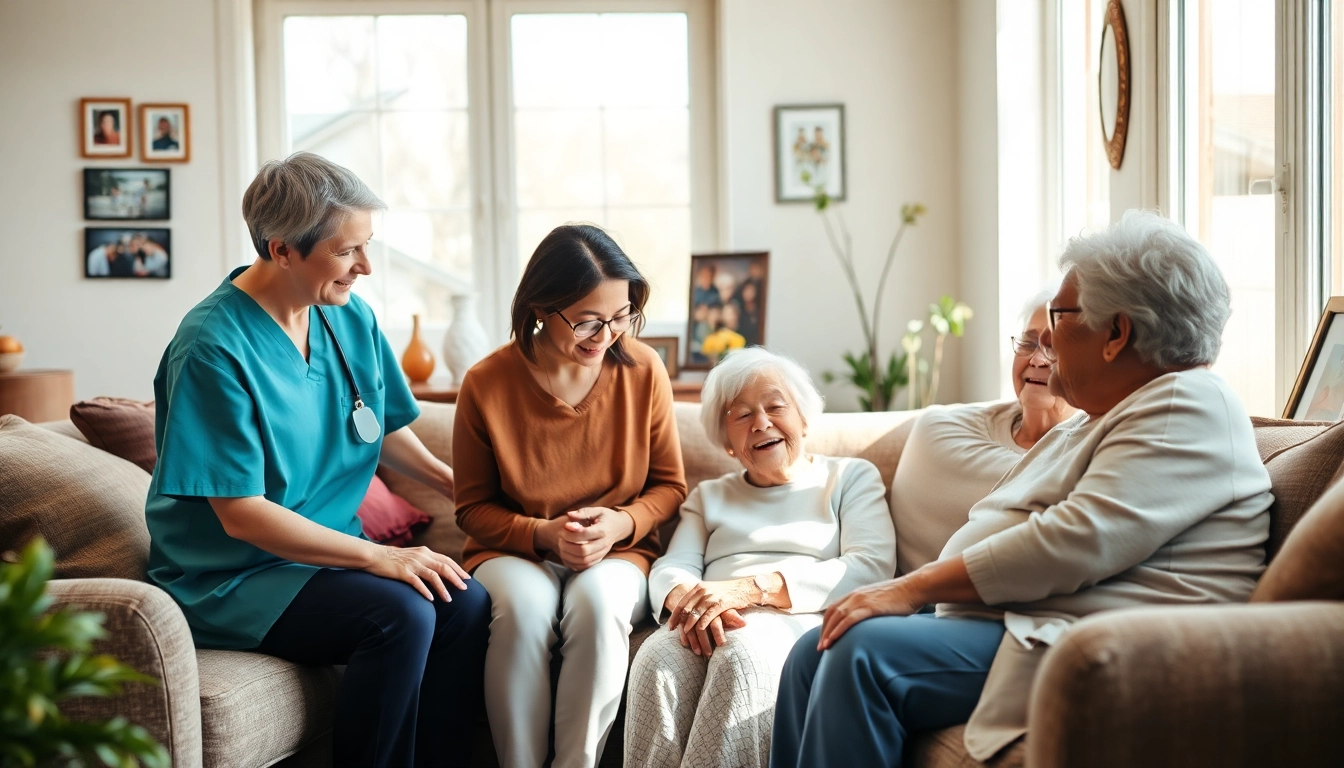 Engaging scene of austin senior home care, depicting warm interactions between caregivers and seniors in a cozy setting.