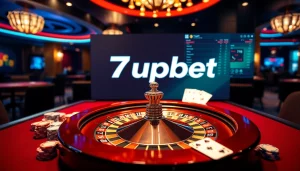 Exciting casino scene showcasing 7upbet on a digital betting interface with roulette and poker elements.