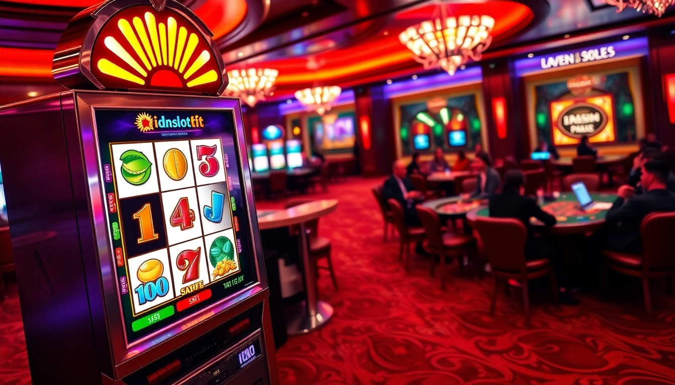 Experience the thrill of idnslot at a luxurious casino, featuring vibrant slot machines and poker tables.