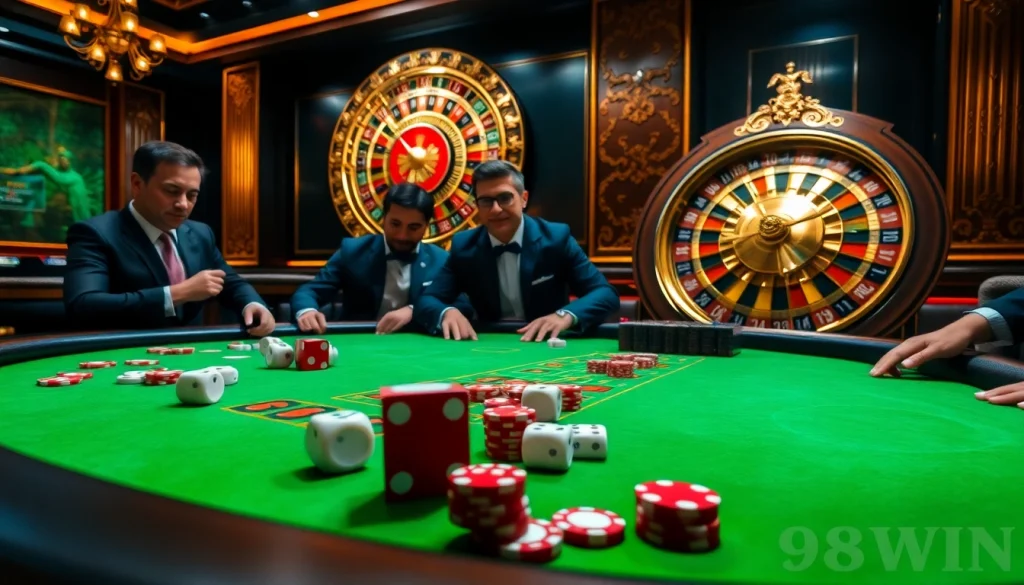 Experience the thrill of 98WIN as players engage at a poker table filled with vibrant cards and chips.