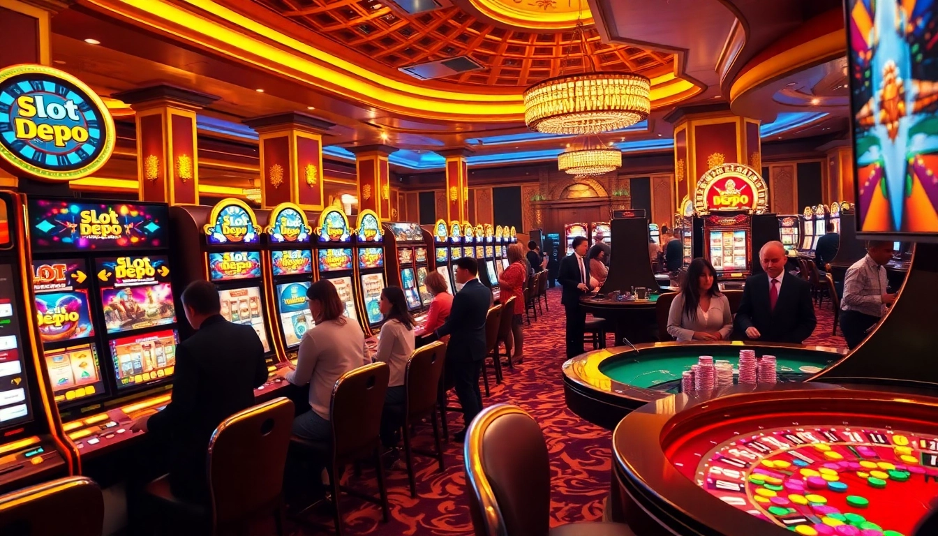 Players enjoying the thrill of slot depo 5rb amidst a vibrant casino atmosphere.