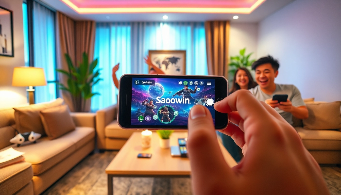 Chơi Saowin APK trên điện thoại thông minh trong không gian phòng khách ấm áp.