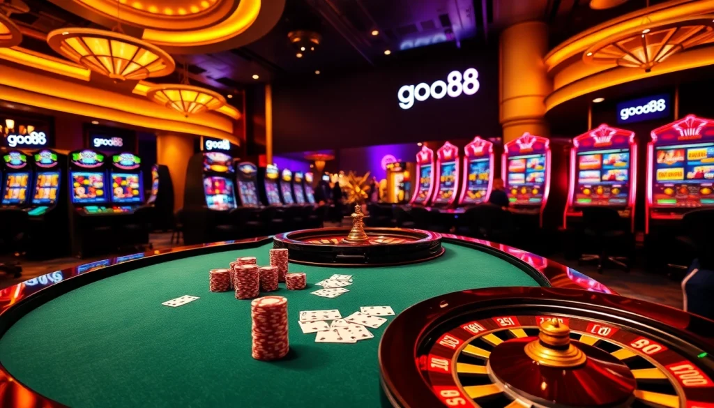 Good88 casino excitement with poker chips and a roulette wheel spinning thrillingly.