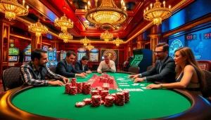 Players enjoying a thrilling poker game at 555win casino under vibrant chandeliers.