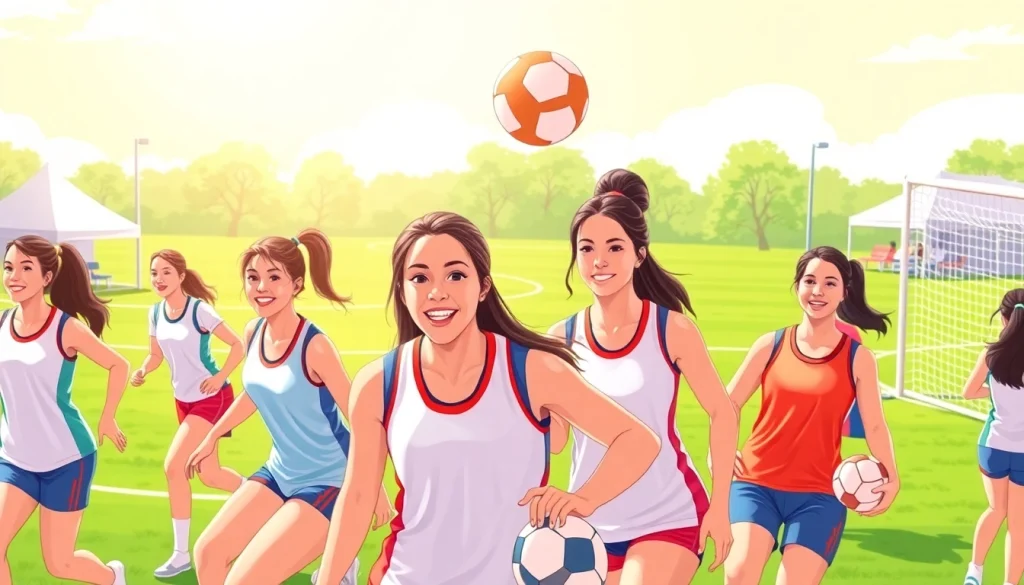 Girls participating in Multi Sports Camps for Girls, showcasing teamwork and athleticism in a bright outdoor setting.