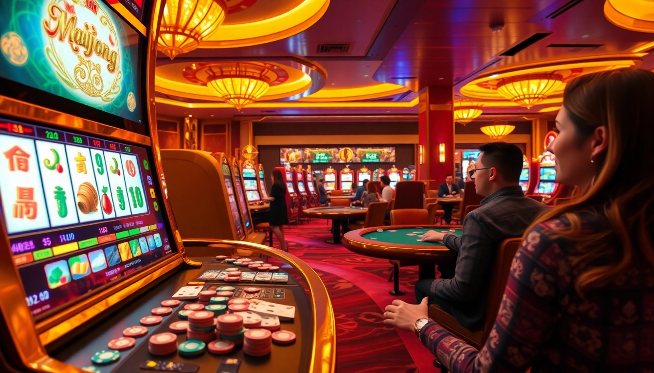 A gambler enjoying the excitement of a slot demo mahjong at a vibrant casino.