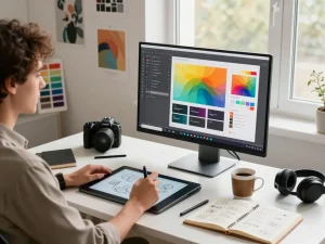 Designer using an image to prompt tool at a digital studio workspace, showcasing vibrant graphic designs.