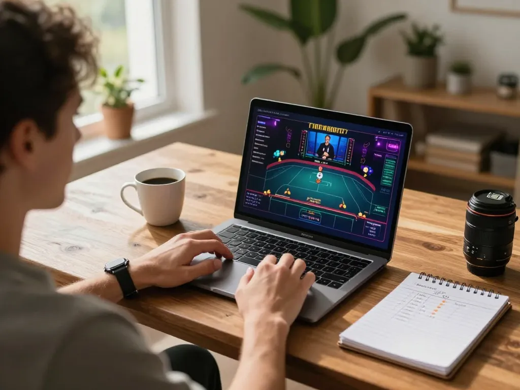 Engaging scene of a player focusing on the laptop for a nhà cái uy tín experience, showcasing a live dealer game interface with personal betting notes.