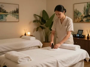 Calming 강남마사지 therapy room with a therapist preparing for a session, showcasing serene decor and relaxing atmosphere.