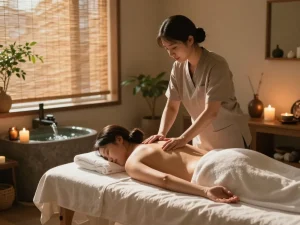 촛불과 실내 식물과 같은 휴식 요소를 강조한 평화로운 치평동마사지 장면이 있는 고요한 스파 환경.
