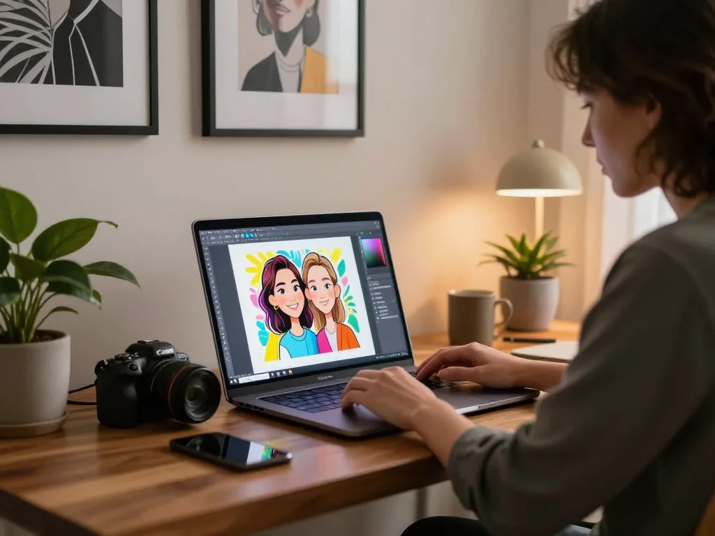 Creating a Chatgpt caricature of the user in a stylish home workspace with a laptop.