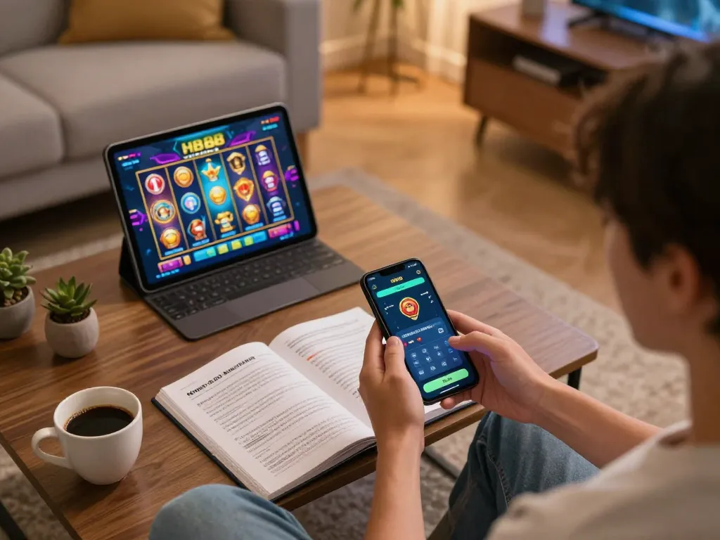 Player navigating the HB88 app on smartphone in a cozy home setting while enjoying online gaming.