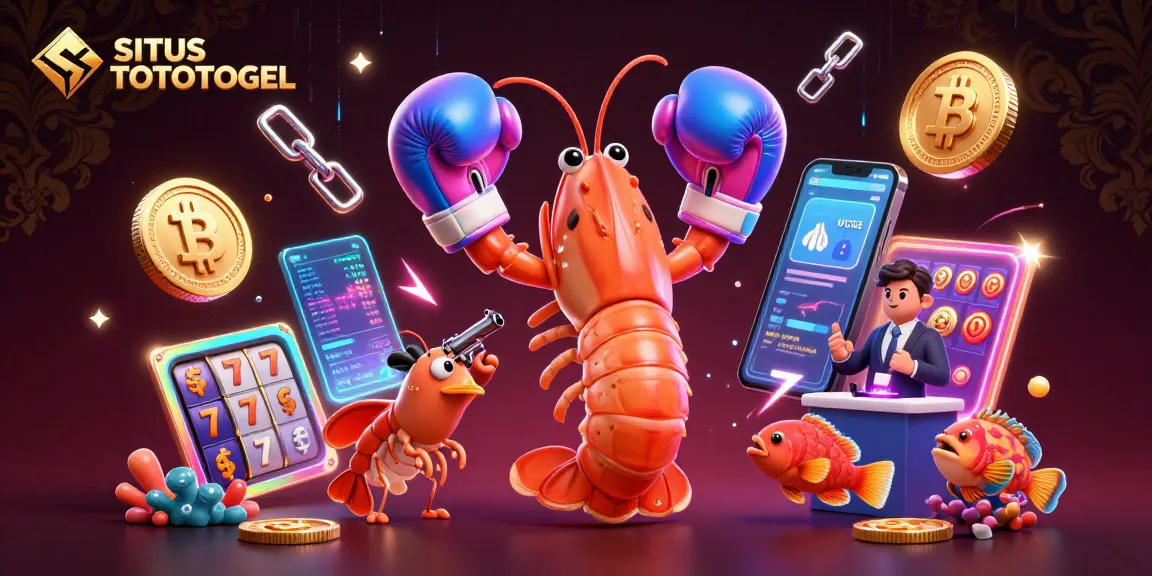 SITUS TOTOTOGEL showcases a vibrant illustration of a mantis shrimp championing slots and crypto betting with dynamic energy.