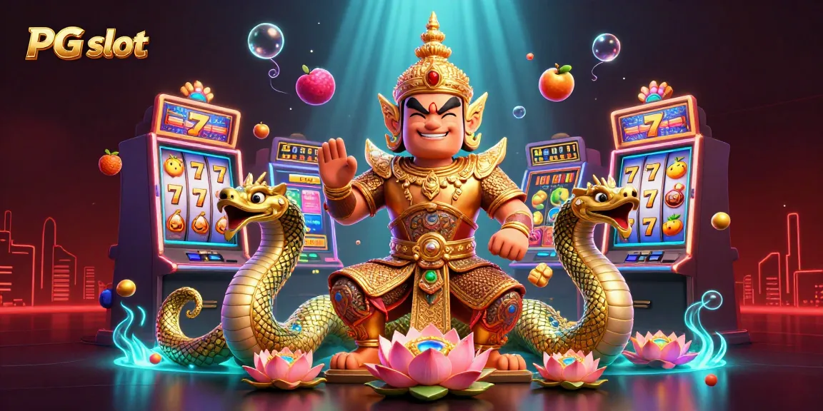 Engage with the exciting PG slot scene featuring vibrant slot machines and a friendly Thai guardian