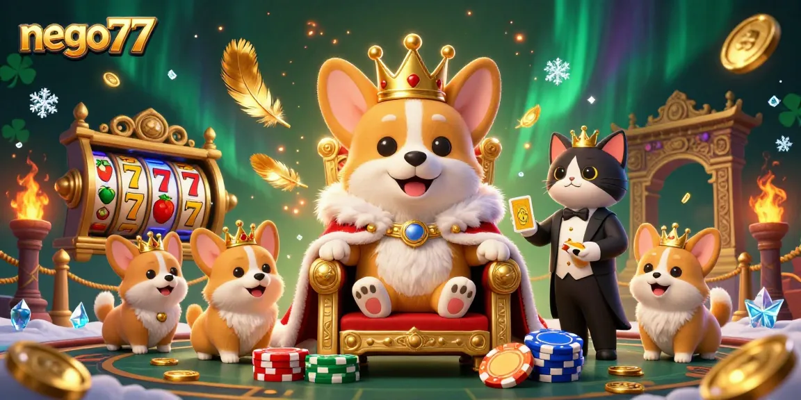 Nego77 engages players with a royal corgi on a poker chip throne amidst slot games and gold coins.
