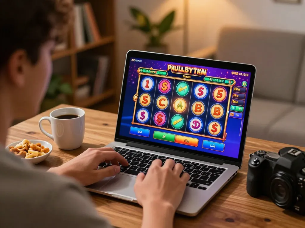 Player engaging with kp88 online slot game on a laptop in a cozy home setting.