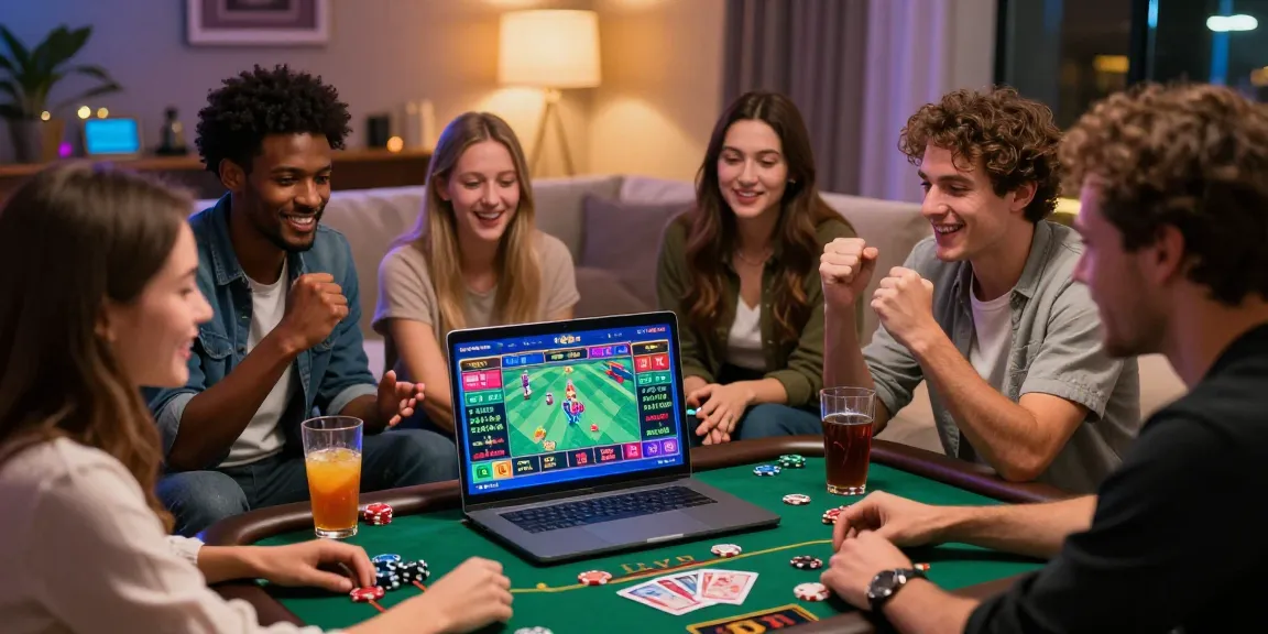 Engaged friends enjoying online gambling at OPEN88, celebrating a win in a cozy setting.