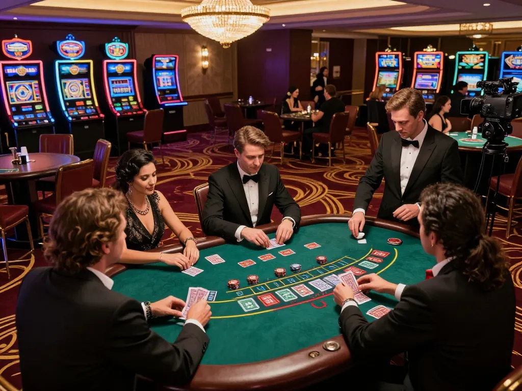 Players engage in strategic blackjack gameplay at a luxurious casino, emphasizing g28 betting strategies and excitement.