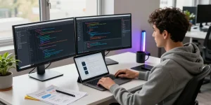 Workspace with developer using OpenClaw AI, coding on multiple screens with natural light and tech gadgets.
