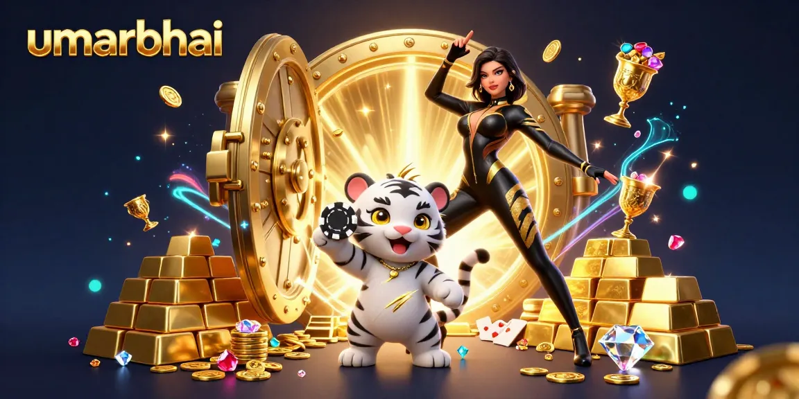 Engage in thrilling games with umarbhai, as a stunning casino woman showcases poker skills amidst golden treasures.