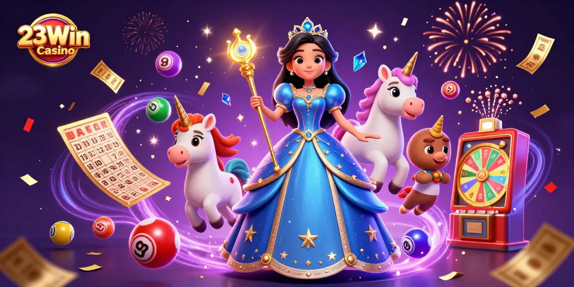 Engaging scene with 23Win casino characters celebrating wins with lottery elements and magical effects.