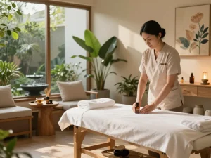Relaxing wellness spa interior with a Swedish massage setup at https://www.makangs.com/region/국내/서울-/마사지-스웨디시, featuring calming decor and soft lighting.