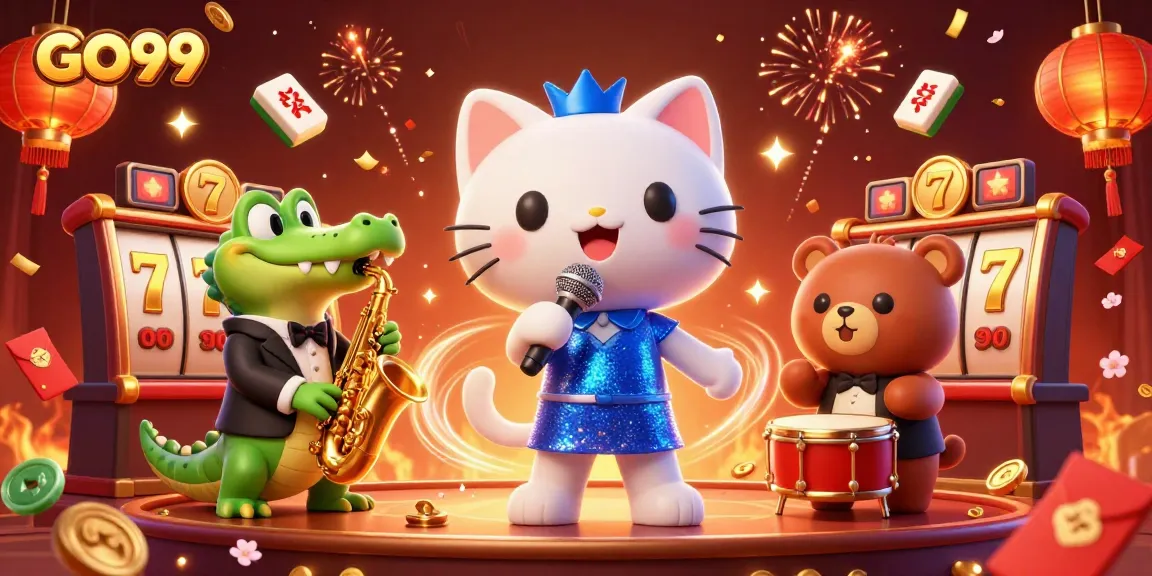 Experience vibrant gameplay in GO99’s festive casino atmosphere with a jazzy cat and colorful characters.