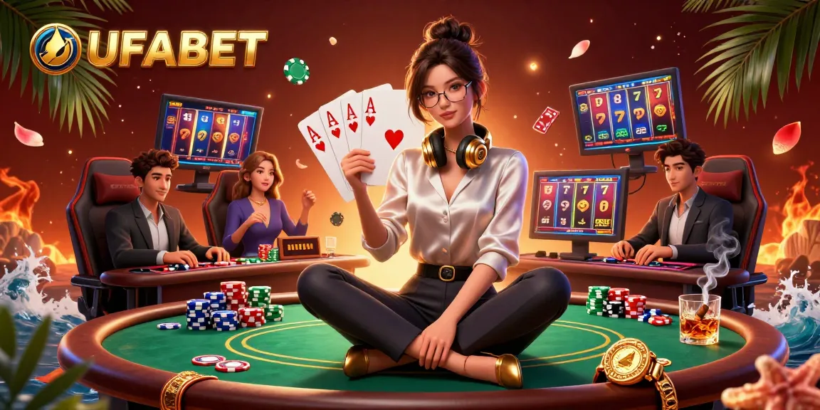 Bet and spin big on UFABET with a dynamic casino scene featuring slots and poker elements.