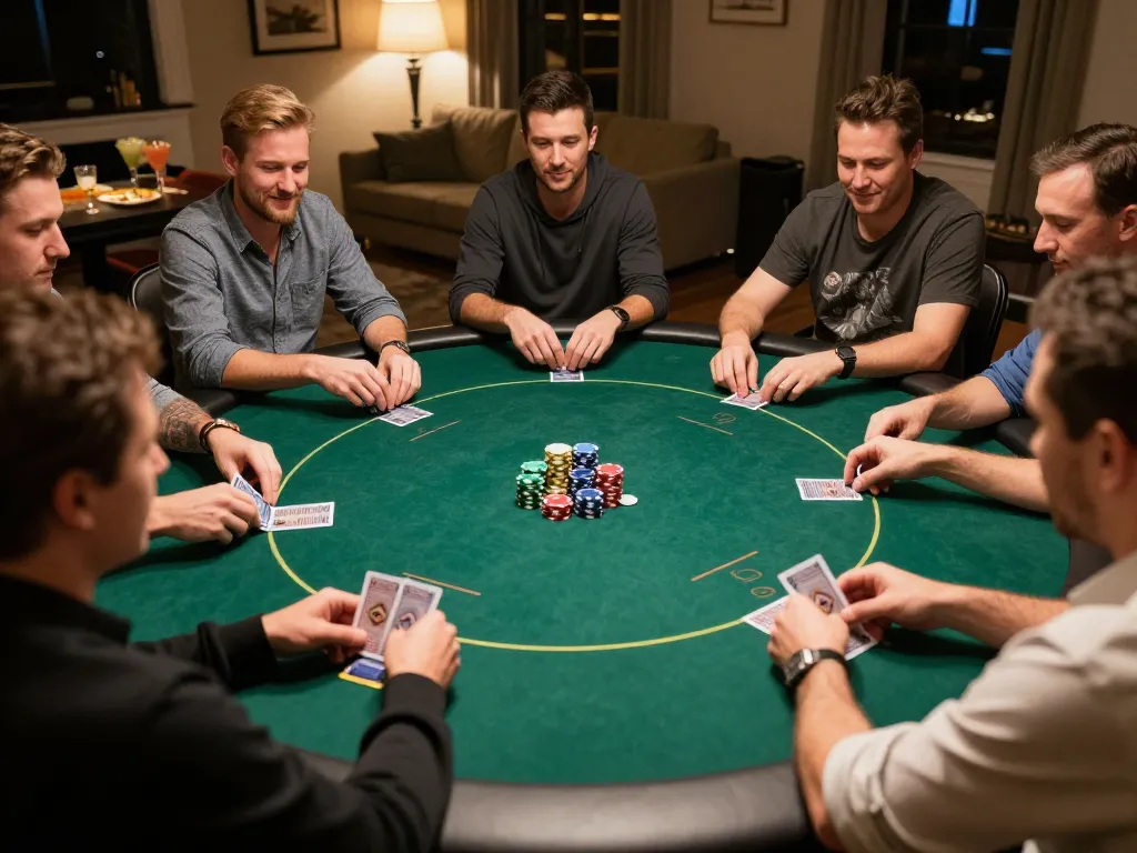 Players enjoying ดูหนังออนไลน์ while engaged in a friendly poker game at home, with warm lighting and cozy ambiance.