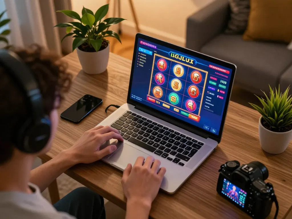 Player engaging with LGOLUX online casino on laptop, showcasing interactive gaming experience, cozy home setting.