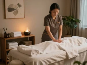 Relaxing Swedish massage therapy preparation at https://www.makangs.com/ with calming decor and essential oils.