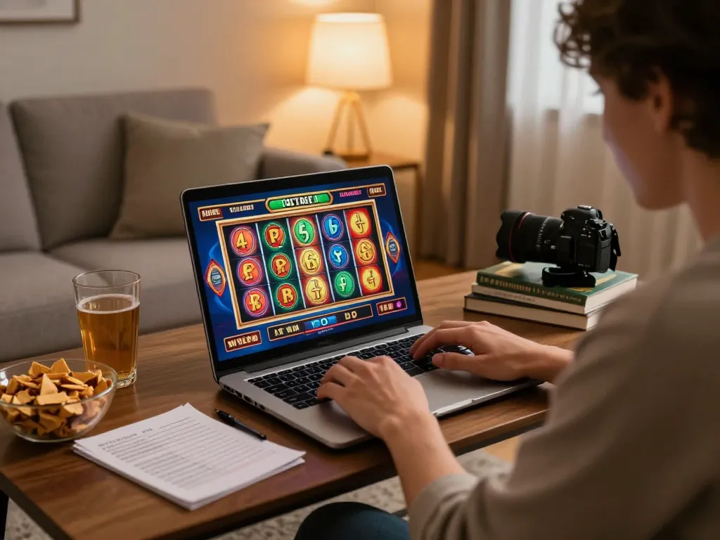 Nego77 player enjoying an online slot game with colorful graphics and strategy notes on table.