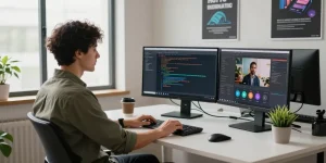Tech workspace with prompt ai generator on screens, showcasing innovation and productivity.