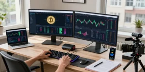bitcoin mining website with user analyzing cryptocurrency trends on a dual-monitor trading setup