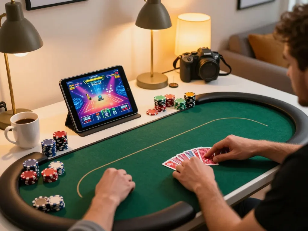 Engaged player enjoying online poker at home with n188 interface visible on tablet, showcasing strategy and excitement