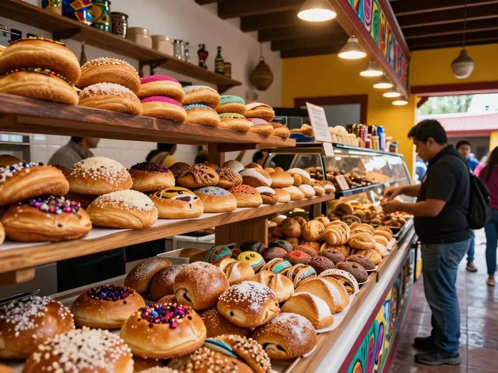 Customers selecting fresh mexican sweet bread, including colorful conchas and pan de muerto, at a bustling bakery.