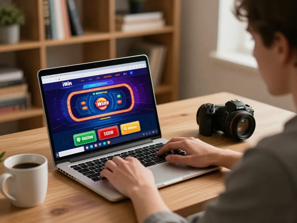 Engaged player enjoying iWin online casino gaming at home, showcasing cozy setup.
