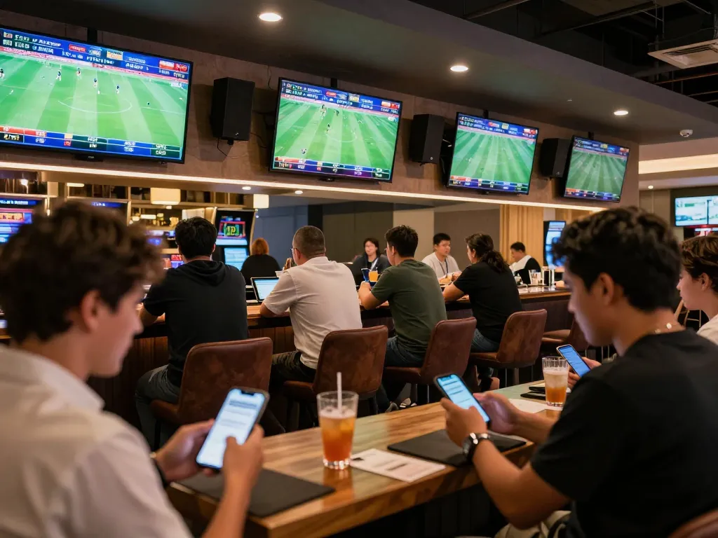 Cakhia TV viewers analyzing football matches while placing bets on mobile devices in a lively casino lounge