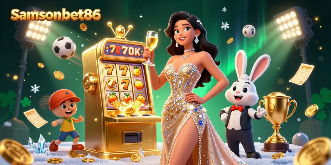 Win big with samsonbet86 at a grand casino, featuring a stunning woman and cartoon bunny croupier.