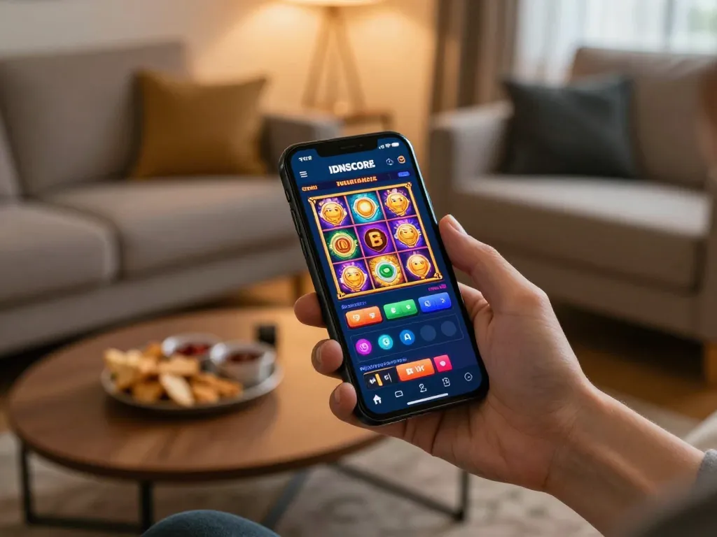 IDNSCORE app displayed on smartphone showing exciting slot games in a cozy home setting.