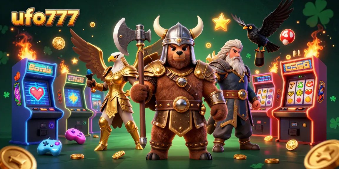 Experience thrilling gameplay at ufo777 with a Viking bear and Valkyrie eagle amid colorful casino elements.