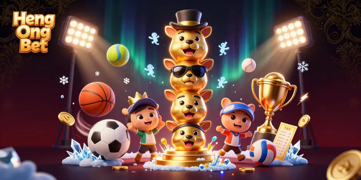 Engage with Heng Ong Bet through immersive casino games, vibrant animations, and dynamic sports elements in a colorful illustration.
