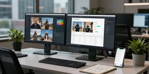 Engaged data analyst using the ai image checker in a modern office, with dual monitors displaying image analytics.