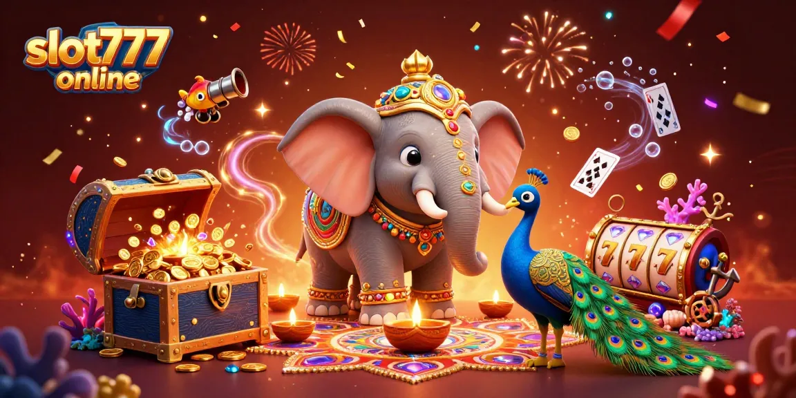 Experience the excitement of slot777 online with vibrant 3D illustrations of elephants and casinos.